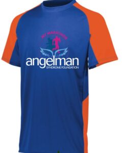 blue shirt with orange sides with My Marathon logo