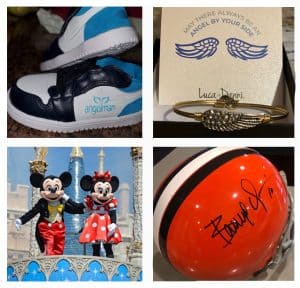 Trip to Disney, custom ASF cleats, signed Browns helmet and angel jewelry