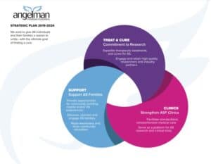 Three parts of a circle with the 3 areas of focus: Treat and cure AS, support Angelman families and Strengthen the ASF AS Clinic network