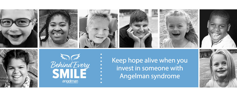 8 photos of individuals with Angelman syndrome around the words "Behind the Smiles"